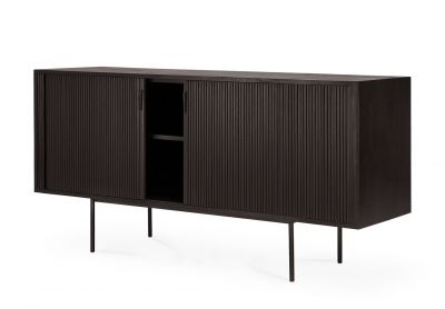 Roller Max Anrichte von Ethnicraft: Schwarzes Teakholz Sideboard mit zwei Schiebetüren und filigranen Metallbeinen.